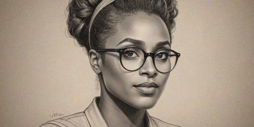 Elegant Issa Rae, pencil sketch, portrait of Captivating woman 1929s in glasses, hair style beatnik, outline, clear lines, fine lines, 8k
