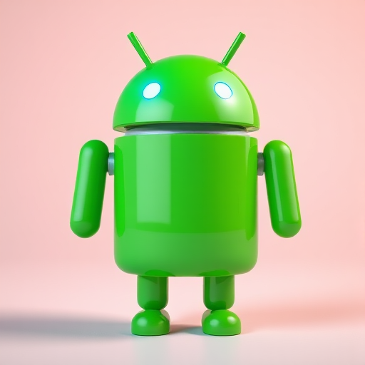 Create a 3D rendering of a glossy green robot figure resembling an Android mascot, with vibrant blue eyes, set against a soft gradient background, use a 50mm lens, aperture f/2.8, ISO 100, shot from a low angle to emphasize the figure, using a DSLR camera for enhanced detail and clarity.