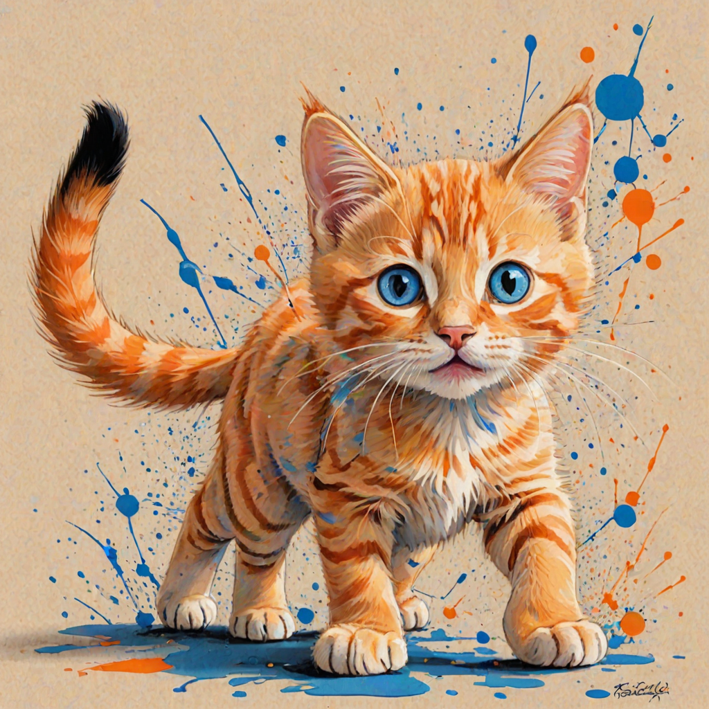 A vibrant childs coloured pencil drawn illustration of a bright orange cat with large, expressive blue eyes, a very cute style. The cat appears to be walking towards the viewer, surrounded by an abstract splash of colors and fine black lines, giving the image a dynamic and artistic flair. The background is a soft beige, highlighting the cat's vivid coloration and playful demeanor. Naively drawn scratchy line style.