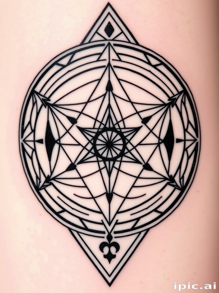 Geometric blackwork tattoo named "Sacred Geometry" featuring precise line work and solid black shapes forming complex patterns inspired by mathematical principles and spiritual symbolism