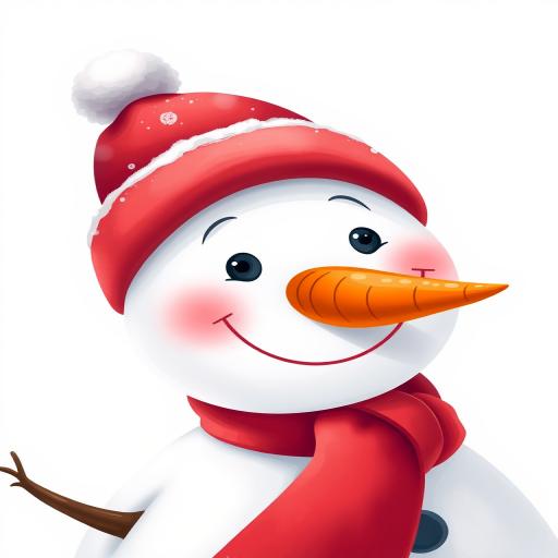 Create a vibrant illustration of a smiling snowman wearing a red hat and scarf, with a bright orange carrot nose, against a soft white background, using a Canon EOS 5D Mark IV with a 50mm f/1.8 lens, aperture set to f/4, ISO 100, and a slight vignette for depth.