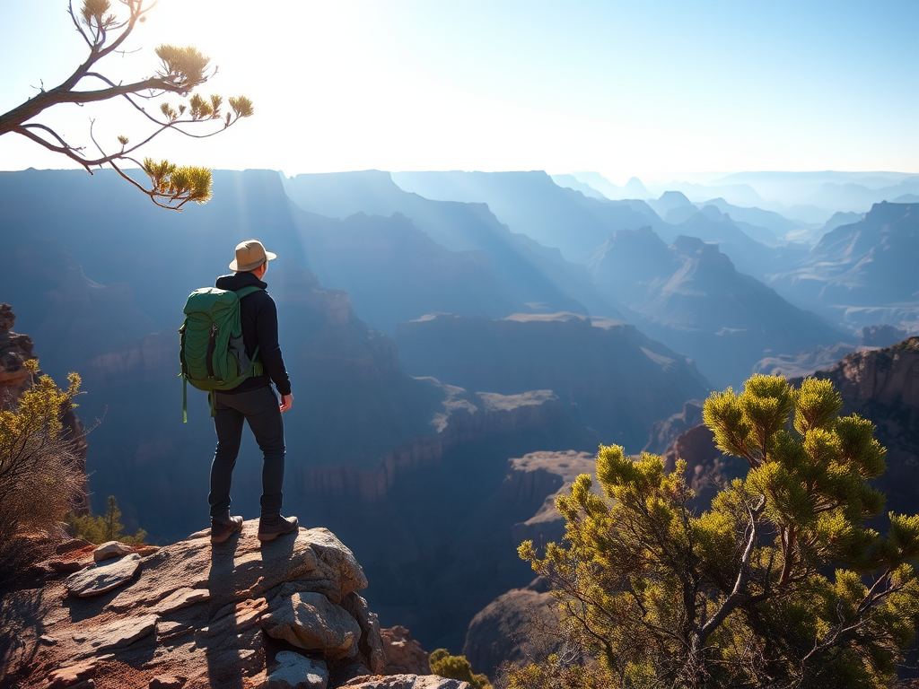 Sharp, high-resolution photo of a hiker standing on a rocky cliff, gazing out at a vast canyon below, sunlight casting long shadows, soft breeze rustling the leaves of nearby shrubs, distant mountains barely visible through the haze.