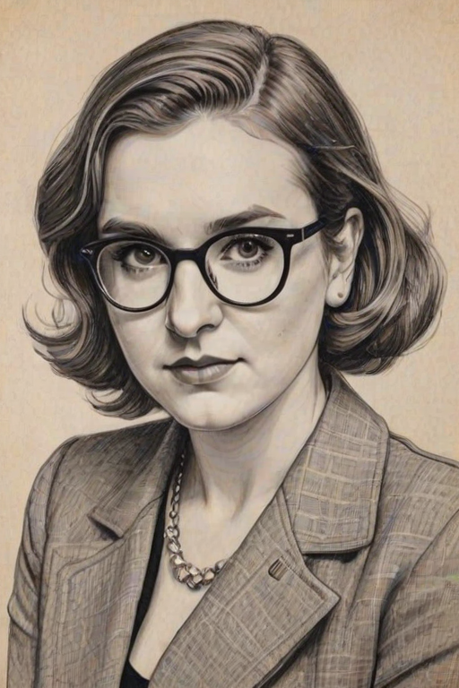 Pleasing Lena Dunham, pencil sketch, portrait of Sublime woman 1948s in glasses, hair style beatnik, outline, clear lines, fine lines, 8k