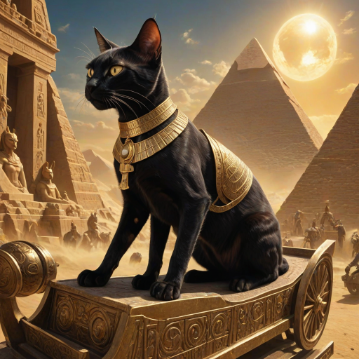 award winning digital illustration, surrealism, closeup sideview of a (ruthless black Egyptian Pharaoh cat:1.25) riding a golden chariot in an ancient pyramid city, exuding authority and dominance over terrified human slaves in the background, rich dramatic lighting, gleaming mirrored reflections, intricate textures, glowing dust, god rays,  highly detailed art <lora:MJ52:0.8> <lora:add-detail-xl:0.8>