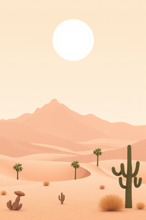 Generate a minimalist desert landscape with soft pastel tones, featuring stylized mountains in warm earth tones, a large sun overhead, and simple palm trees and cacti in the foreground, captured with a DSLR camera, 50mm lens, f/2.8 aperture, ISO 100, in natural light for enhanced color saturation and clarity.