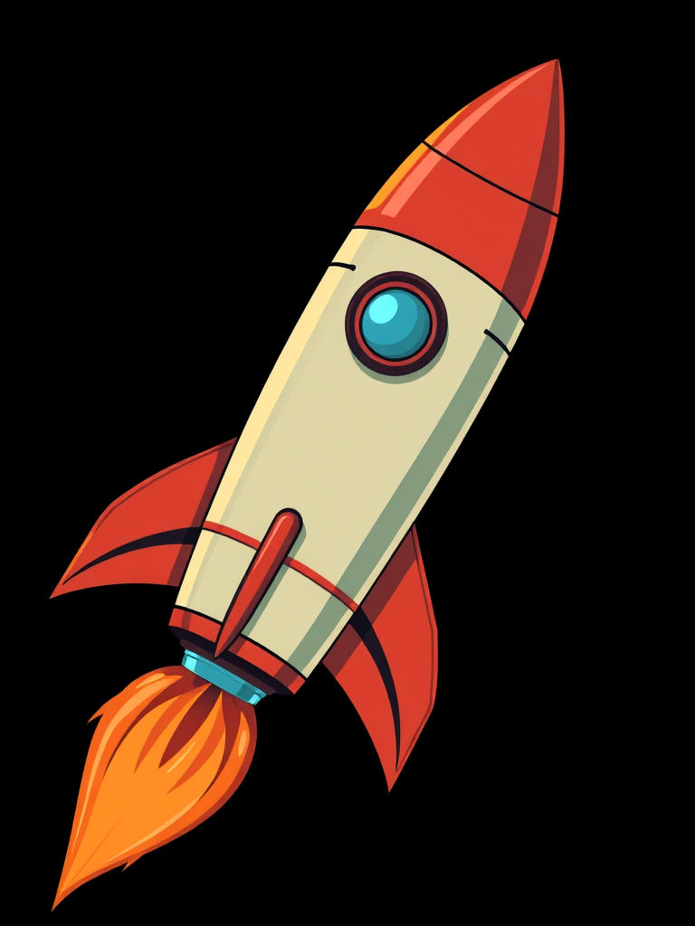 illustrate a vintage rocket in a cartoon style with bright colors, using a Canon EOS R5 camera, 50mm lens, f/1.8 aperture, ISO 100, at a bird's eye view, sharp focus on the rocket, with a clear black background to enhance contrast