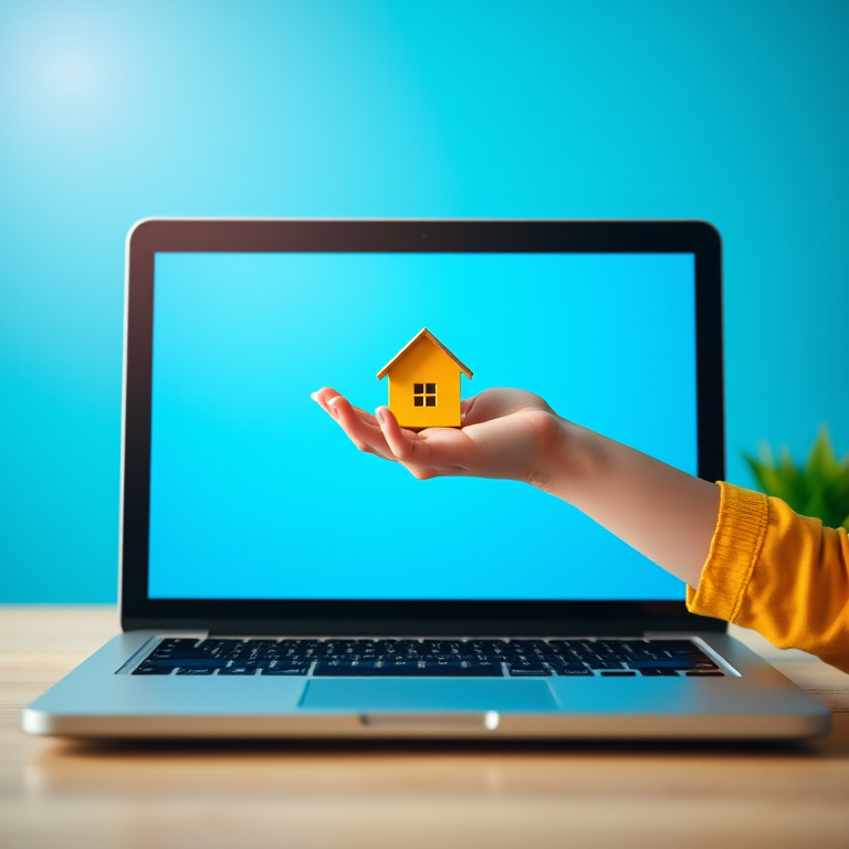Create a stylized digital illustration of a hand emerging from a laptop screen holding a small yellow house, vibrant blue background, soft focus, depth of field effect, Canon EOS R5, 50mm lens, f/2.8, 1/125s, ISO 200.