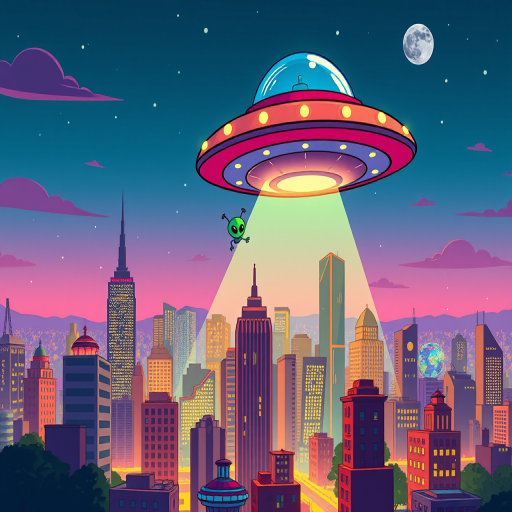 Create a colorful cartoon scene of a flying saucer with a cute alien beaming down on a city skyline, using a DSLR camera with a 50mm lens, aperture f/2.8, ISO 100, and a vibrant, high-contrast animation style.