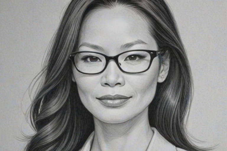 Superb Lucy Liu, pencil sketch, portrait of Wonderful woman 1951s in glasses, hair style beatnik, outline, clear lines, fine lines, 8k