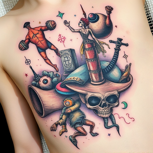 Surrealist tattoo named "Dreamscape Metamorphosis" depicting objects and figures morphing into one another in a flowing, dreamlike composition with a mix of color and black ink