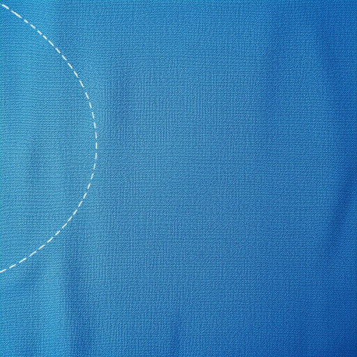 Generate a high-resolution image of a textured blue fabric background with a dashed white line curving across the surface, captured with a DSLR camera, aperture set to f/5.6, ISO 100, shutter speed 1/125s, top-down view, soft natural lighting.