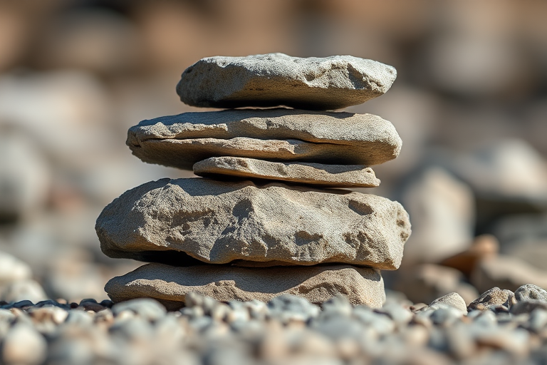Create a high-resolution image of a textured stone stack, using a DSLR camera with a 50mm lens, f/2.8 aperture, ISO 100, lighting from one side to create shadows, and a shallow depth of field to emphasize the stones against a soft-focus background.
