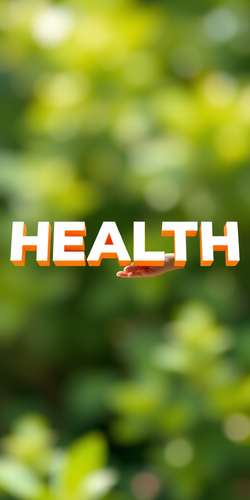 Create a vibrant and clean logo design that features the word "HEALTH" in 3D letters with a hand reaching to place the letter 'L', using a blurred green nature background for contrast, shot with a Canon EOS R5 at f/4, ISO 100, and a 50mm lens to enhance depth of field and clarity.