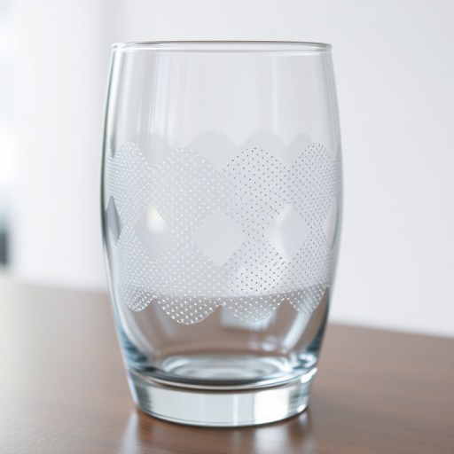Create a high-resolution image of a transparent glass with a smooth surface and dotted texture, using a 50mm lens, f/2.8 aperture, ISO 100, and capturing from a 45-degree angle, in soft natural lighting.