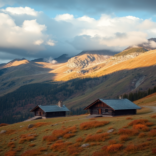 Create a high-resolution landscape image of a mountainous region during autumn, featuring rustic wooden cabins on a grassy slope under a cloudy sky, shot with a Canon EOS 5D Mark IV, 24mm lens, f/8 aperture, ISO 100, and a soft diffused lighting effect to enhance details and colors.