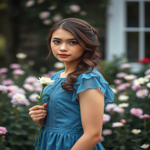 Create a vintage-style portrait of a young woman in a blue dress with lace accents, holding a flower while standing in a blooming garden, shot with a Canon EOS R5, aperture f/1.8, shutter speed 1/200s, ISO 100, in soft natural lighting, using a shallow depth of field to enhance foreground details while blurring the background.