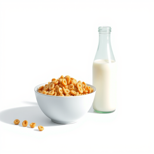 a high-resolution illustration of a bowl of cereal with milk and a glass milk bottle on a plain background, using a Canon EOS 5D Mark IV camera, 50mm lens, f/2.8 aperture, 1/125s shutter speed, and natural light to enhance clarity and detail