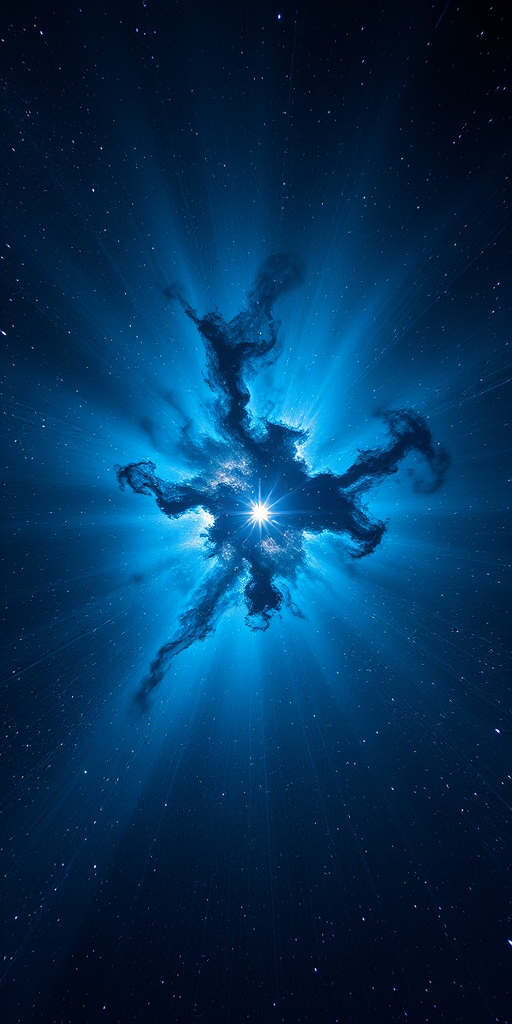 Create a breathtaking view of a cosmic scene featuring radiant blue and black nebulae with vibrant light rays emanating from a central star, captured with a Canon EOS R5, 24mm focal length, f/2.8 aperture, ISO 100, long exposure of 30 seconds, using a wide-angle lens to enhance depth and clarity in the night sky.