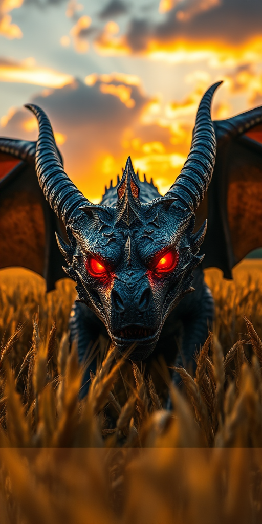 Generate a highly detailed image of a menacing dragon-like creature with glowing red eyes in a golden wheat field during sunset, dramatic clouds in the background, use a DSLR camera at f/2.8 aperture, ISO 100, with a 50mm lens, and a low angle view to emphasize the creature's ferocity.