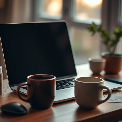 capture a warm, cozy workspace with a laptop featuring a dark screen, a coffee mug in focus, soft natural lighting, shallow depth of field, f/2.8 aperture, 50mm lens, ISO 200, shot in soft focus to create an inviting atmosphere.