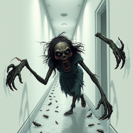 a crooked woman with long arms and a creepy smile is crawling along a long white corridor and you can also see cockroaches in it there is a creepy atmosphere creepy art style