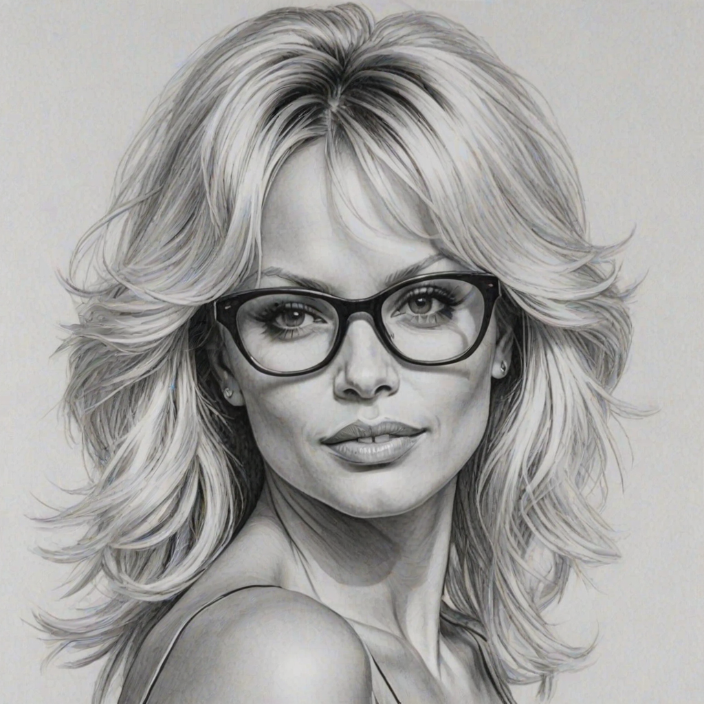 Sublime Pamela Anderson, pencil sketch, portrait of Ravishing woman 1979s in glasses, hair style beatnik, outline, clear lines, fine lines, 8k