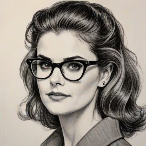 Ravishing Keri Russell, pencil sketch, portrait of Enchanting woman 1950s in glasses, hair style beatnik, outline, clear lines, fine lines, 8k