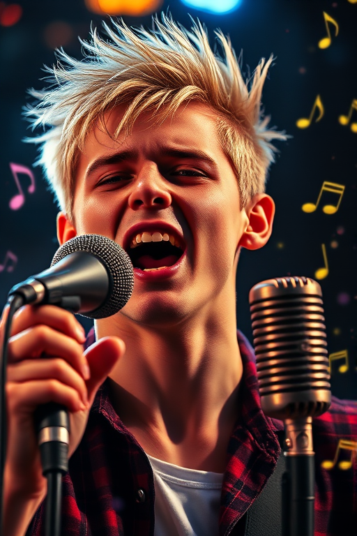 Regenerate an image of a young male singer with spiky blonde hair passionately singing into a vintage microphone, surrounded by dynamic musical notes and sparkling effects, captured with a Canon EOS R5 camera, 85mm lens, f/1.8 aperture, ISO 200, shallow depth of field, vibrant colors, high dynamic range lighting, and a cinematic style.
