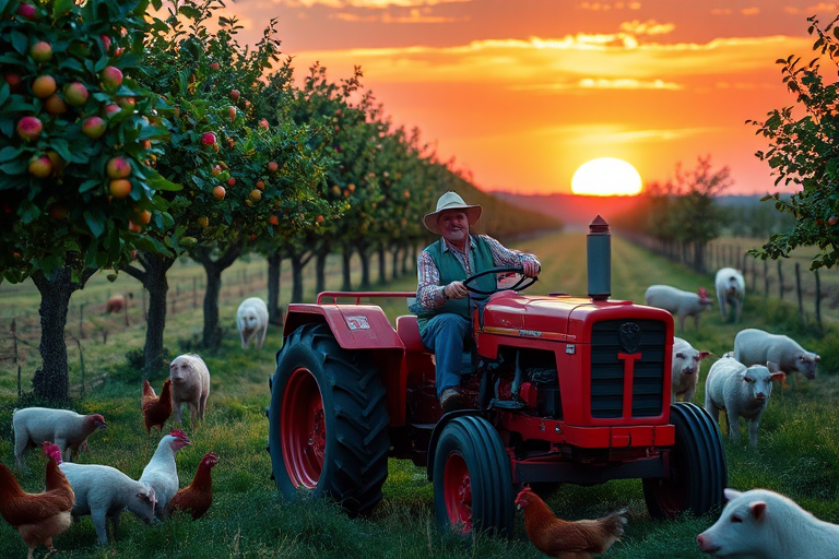vibrant rural landscape with a farmer in a red tractor, surrounded by trees with apples, chickens, sheep, and pigs, sunset in the background, high saturation, 35mm lens, f/8 aperture, ISO 200, soft focus style, DSLR camera