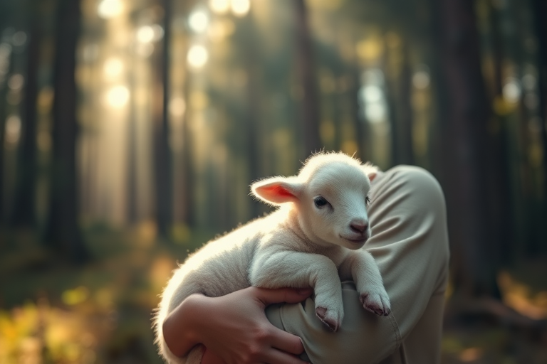 Create a serene scene of a compassionate figure holding a gentle lamb in a sunlit forest clearing, with soft, diffused lighting, shallow depth of field, 50mm lens, f/2.8 aperture, ISO 100, and a warm color palette to enhance the emotional atmosphere.