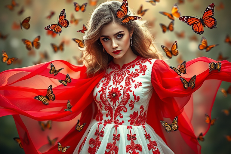 Generate an image of a woman in a flowing red and white dress with intricate embellishments surrounded by butterflies, soft focus, 50mm lens, f/1.8 aperture, natural light, portrait style, DSLR camera, vivid colors and high detail.