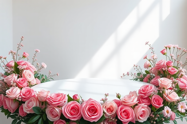 Create a serene floral backdrop featuring an empty circular stage surrounded by a variety of pink roses and blossoms, captured with a Canon EOS R5 at f/2.8, ISO 100, 50mm lens, in soft natural lighting and minimalistic style for enhanced image quality.