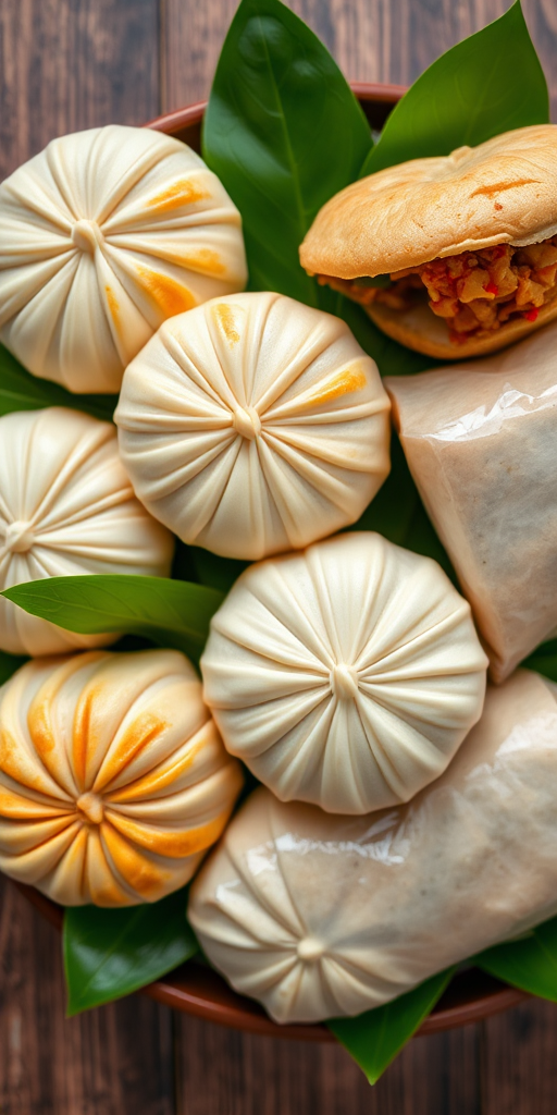 High-resolution overhead shot of steamed buns and wrapped food on green leaves, f/2.8 aperture, ISO 100, 50mm lens, natural light, soft focus photography, DSLR camera.
