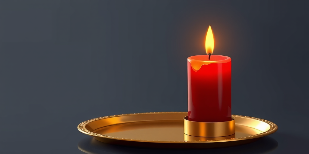 Create an illustration of a red candle with a lit flame resting on a gold tray, using a DSLR camera with a 50mm lens, f/2.8 aperture, 1/60s shutter speed, and ISO 200, from a top-down view with soft lighting to highlight the textures and colors.