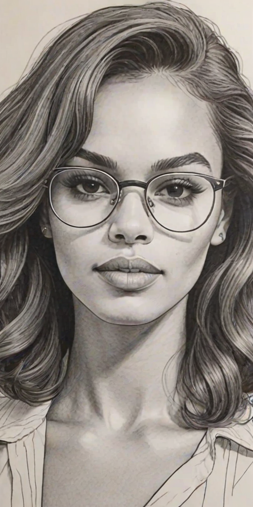 Splendid Leslie Grace, pencil sketch, portrait of Fetching woman 1980s in glasses, hair style beatnik, outline, clear lines, fine lines, 8k