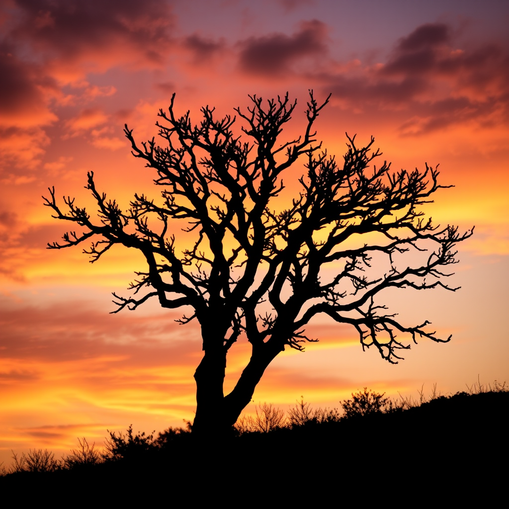 Generate a high-contrast silhouette of a tree at sunset with vibrant orange and purple hues in the sky, using a Canon EOS R5, 35mm lens, f/2.8 aperture, ISO 100, and a focal length of 35mm for clear depth of field.