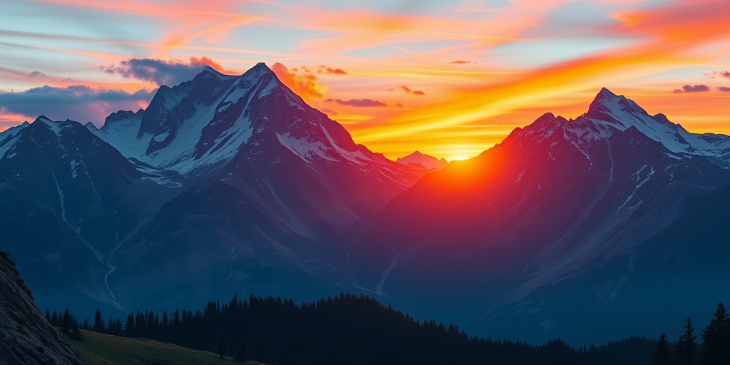 Create a high-resolution digital illustration of a majestic mountain landscape at sunrise, featuring vibrant colors, with a wide-angle lens at f/8 aperture, ISO 100, using a full-frame DSLR camera, landscape orientation, captured in vivid detail.
