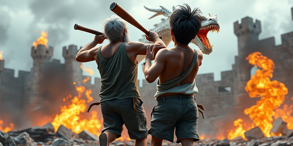Cartoon 3D High-Resolution,dynamic battle scene using Unreal Engine 5 and Octane Render. The scene features back of an elderly, thai man with a beard,messy hair and round golden-rimmed glasses. He is wearing a tattered tank top with soot marks, shorts, and sandals. sweating. he wields a baseball bat. He jump to fight with a white fire-breathing Europe dragon amidst a partially destroyed stone castle. Include intense flames, smoke, and debris to enhance the dramatic effect.