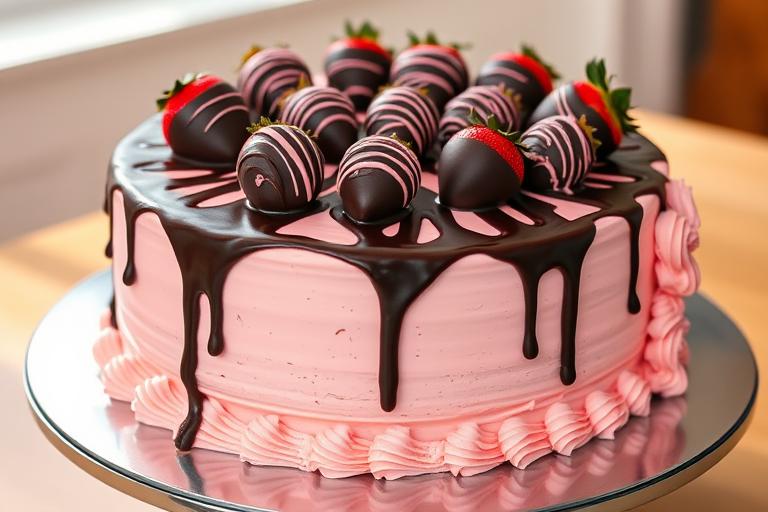 A delicious round cake with a light pink frosting base drizzled with dark chocolate ganache topped with chocolate-covered strawberries and decorative swirls of pink frosting on the sides placed on a silver cake stand in a bright setting.