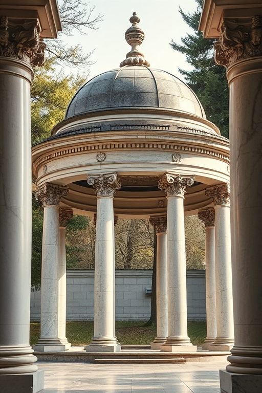 Regenerate the image of a classical stone gazebo with a domed roof and intricate detailing, surrounded by elegant marble columns, illuminated by soft natural lighting, taken from a low angle with a 50mm lens, f/8 aperture, ISO 100, using a DSLR camera in sharp focus to enhance texture and depth.