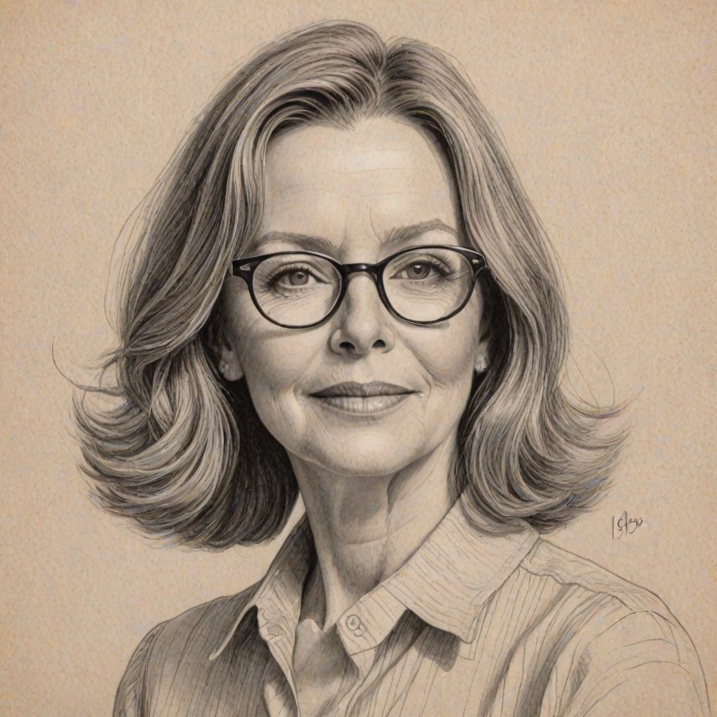 Pleasing Diane Keaton, pencil sketch, portrait of Resplendent woman 1939s in glasses, hair style beatnik, outline, clear lines, fine lines, 8k