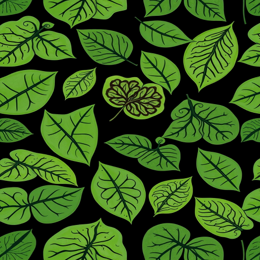 create a seamless pattern of various green leaves with intricate designs on a black background