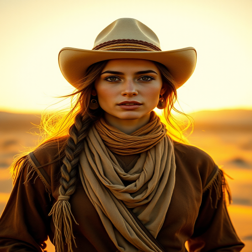 Dramatic photo of a beautiful Sami woman, classic cowboy attire, confident and free spirit expression, half-length portrait, centered, golden hour desert landscape, warm, diffused light, low angle, medium format film camera, in style of Annie Leibovitz.