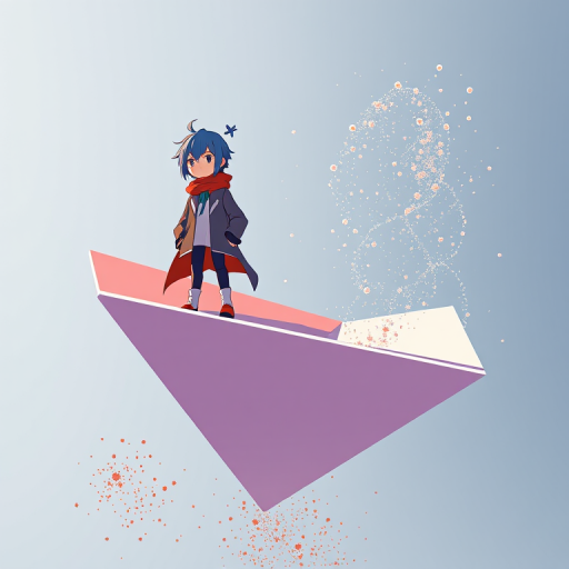 Create a high-resolution digital illustration of two stylized characters standing on a three-dimensional, geometric-shaped platform that resembles a paper airplane, with particles dispersing from the tip, captured in a wide-angle view using a DSLR camera at f/8 aperture, ISO 100, and a 24mm lens for enhanced clarity and vibrant colors.