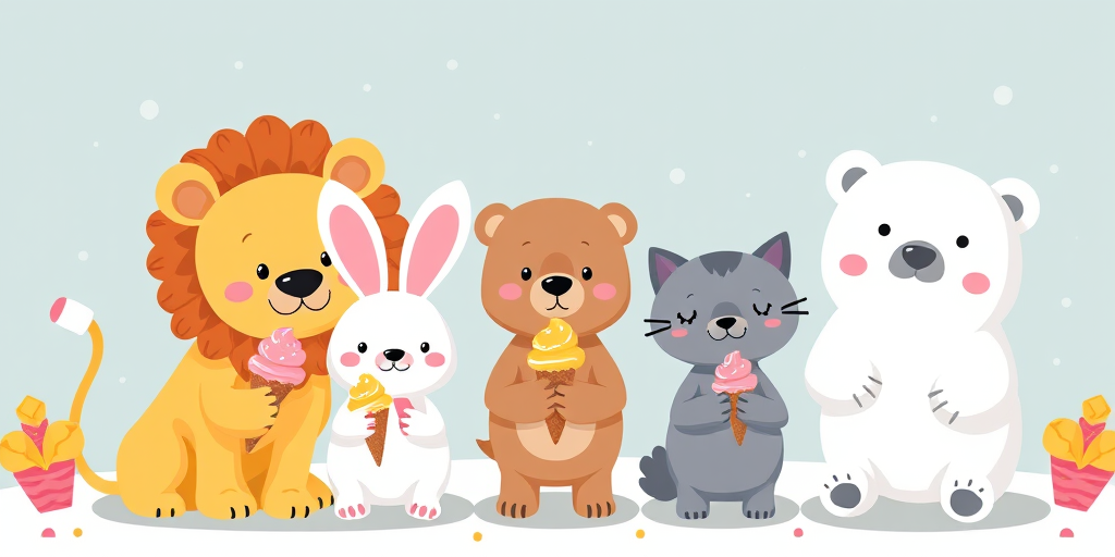 create a cute and colorful illustration of various adorable cartoon animals including a lion, bear, rabbit, dog, cat, and polar bear with ice cream cones in a whimsical style, vibrant colors, soft textures, depth of field, 50mm lens, f/1.8 aperture, high resolutions, natural lighting, digital art