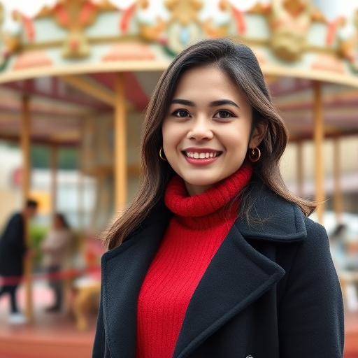 portrait of a young woman in a stylish black coat and red sweater smiling in front of a carousel, soft background blur, camera settings: f/2.8, ISO 100, shutter speed 1/200s, camera view: eye level, camera style: natural light, camera type: DSLR