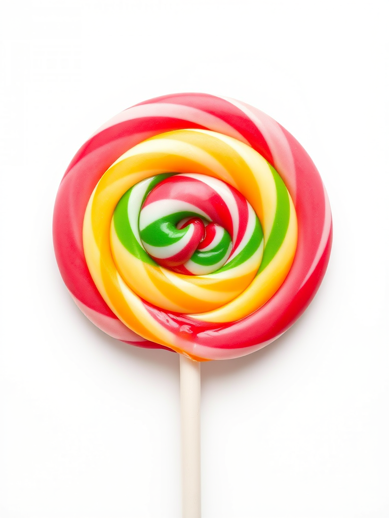 Create a high-resolution image of a colorful swirl lollipop with vibrant pink, red, green, and yellow colors on a white background, using a DSLR camera at f/2.8 aperture, 50mm lens, ISO 100, and a soft focus style for an artistic effect.