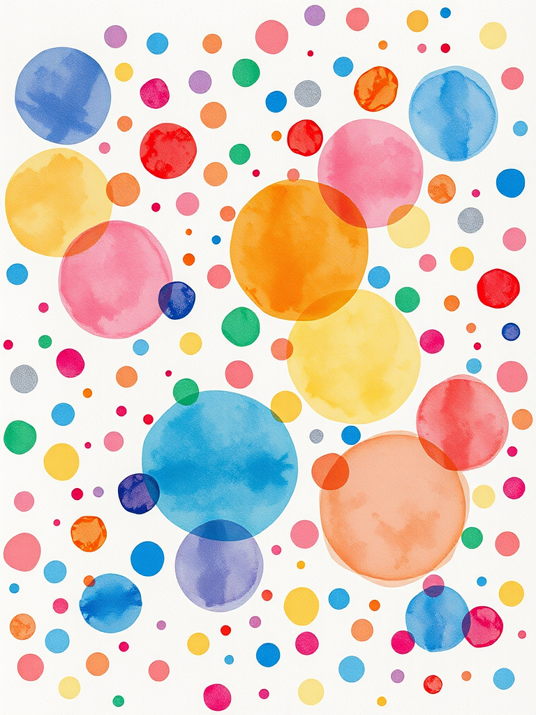 Create an abstract watercolor pattern featuring a multitude of colorful dots in various sizes and shades against a light background, captured with a Canon EOS 5D Mark IV, 50mm lens, f/2.8 aperture, ISO 100, in a top-down perspective to enhance depth and texture.