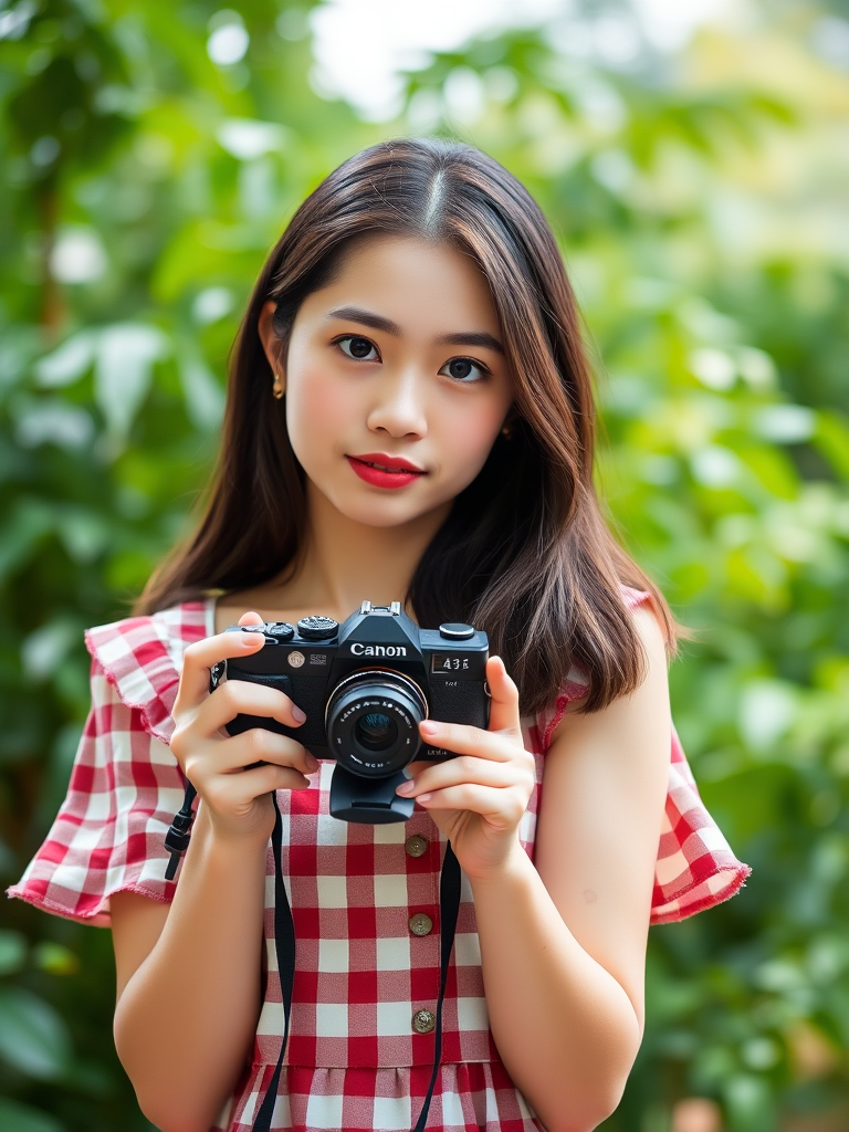 Portrait of a young woman holding a vintage camera, wearing a checkered dress, soft natural lighting, blurred lush green background, f/1.8 aperture, 50mm lens, ISO 100, 1/200s shutter speed, taken with a mirrorless camera.