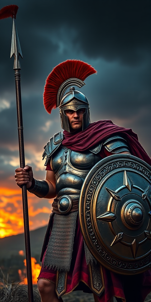 Create an image of a fierce Roman warrior in full armor with a red plume on his helmet, wielding a spear and shield, surrounded by a dramatic, fiery landscape with dark clouds, using a Canon EOS R5 with a 50mm f/1.2 lens, aperture set to f/2.8, ISO 100, shot at dusk for enhanced colors and contrast.